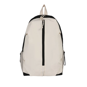Waterproof yoga gym backpack in beige and black with vertical front zipper and side pockets