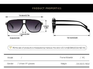 Detailed size chart for black double-bridge aviator sunglasses with PC frame measurements