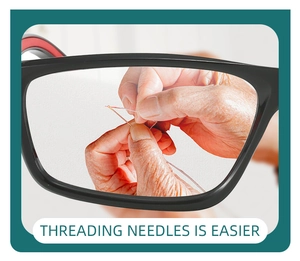 Macro shot of anti-blue light reading glasses lens showing easy needle threading clarity