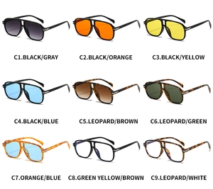 Collage of pilot sunglasses showing nine different frame and lens color options