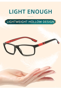 Detail of lightweight hollow red and black sports glasses frames floating with white feathers
