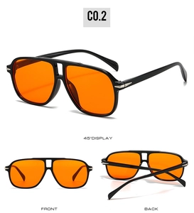 Multiple views of retro aviator sunglasses with orange lenses and black frames