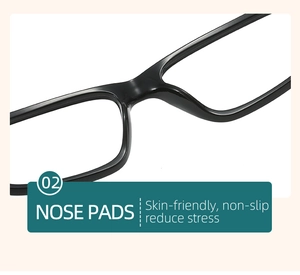 Detail of skin-friendly and non-slip integrated nose pads on black glasses frame