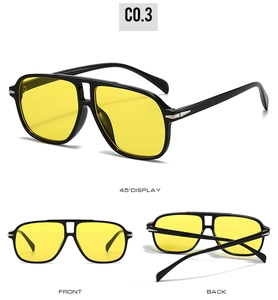 Three-angle view of pilot sunglasses with yellow lenses and black double-bridge frame