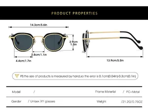 Detailed size chart for retro oval sunglasses featuring frame and lens dimensions