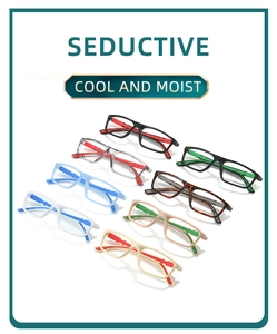 Flat lay of eight colorful rectangular silicone reading glasses frames in modern styles