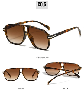 Three-angle view of double-bridge aviator sunglasses with leopard print and brown lenses