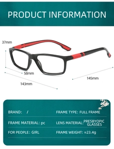 Detailed size specifications for red and black full-frame reading glasses with PC frame