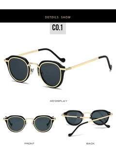Detailed multi-angle views showing black and gold oval sunglasses with metal temples