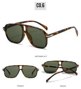 Three-view display of aviator sunglasses with tortoise frame and double bridge design