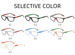 Macro display of seven colorful silicone sports reading glasses with contrast temple tips