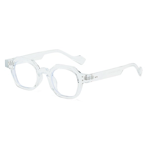 Modern transparent polygon frame sunglasses with retro hexagonal design and clear finish