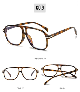 Detail view of tortoiseshell double-bridge pilot frames in front and back profile angles