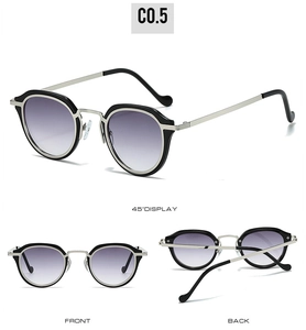 Three-angle view of oval sunglasses with silver metal temples and purple gradient lenses