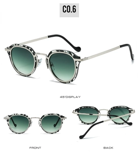 Detailed views of retro oval sunglasses with tortoiseshell frames and dark green lenses