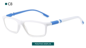 Front view of white rectangle glasses frames with blue silicone temple pads and modern style