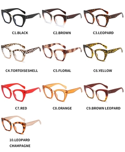 Variety of cat-eye anti-blue light glasses frames in leopard, tortoiseshell, and solid colors