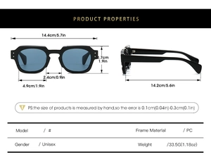 Detailed size specifications for square frame sunglasses with blue lenses and PC frame