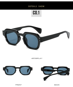Detailed views of vintage small square sunglasses with black frames and blue lenses