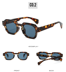 Three-angle display of tortoiseshell retro square sunglasses with blue lenses