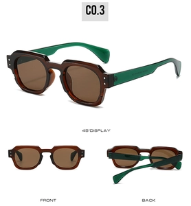 Detailed views of vintage square sunglasses with brown frames and green temples