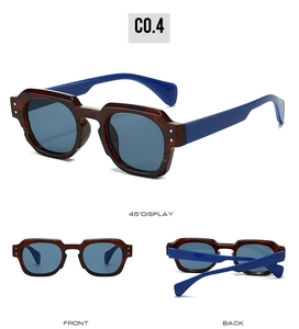 Three views of square tortoiseshell sunglasses with blue temples and metal dot accents