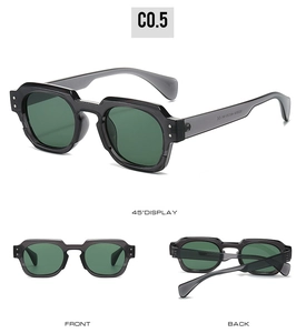Three views of retro square sunglasses with translucent grey frames and green lenses