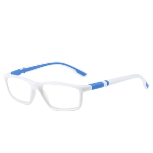 White silicone sports reading glasses frame with blue anti-slip temple tips and clear lenses