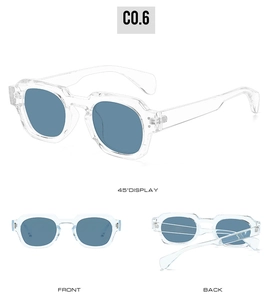 Three-angle views of square transparent sunglasses frame with Morandi blue lenses