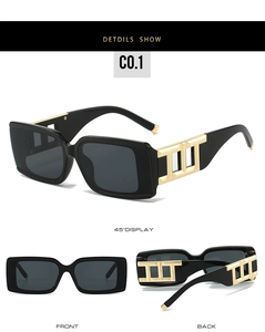 Detailed views of square black sunglasses with hollow gold metal temples and dark lenses