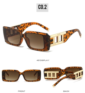 Three-view display of square tortoiseshell sunglasses with thick gold geometric temples