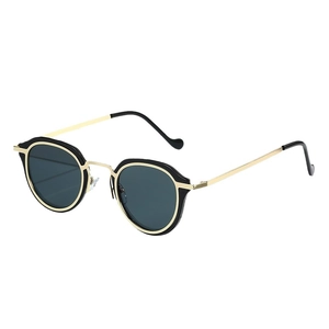 Classic oval sunglasses with black resin frame and elegant gold metal temples in a studio shot