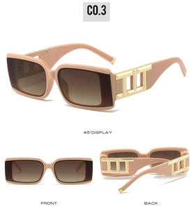 Three-view detail of rectangle sunglasses with pink frame and gradient lenses