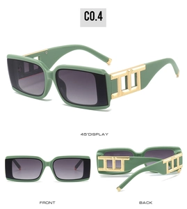 Detailed views of square dark green sunglasses with wide temples and golden metal accents