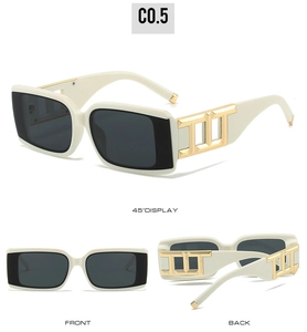 Detailed views of cream rectangular sunglasses with thick arms and gold metal accents