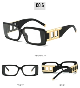 Square frame sunglasses with wide temples and gold metal hollow design in multi-angle view