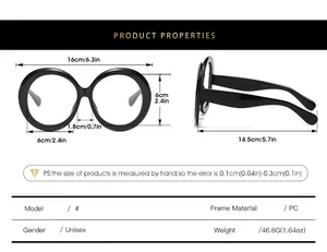 Size chart for oversized round sunglasses showing 16cm width and PC frame details