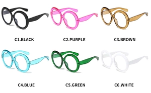 Detailed grid view of oversized round fashion sunglasses in six translucent colors C1 to C6