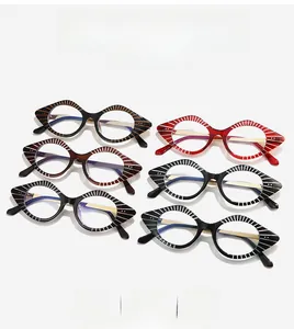 Detail view of stylish cat-eye glasses frames in multiple retro color combinations