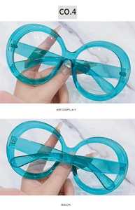 Detail view of oversized teal round glasses frames with metallic hinge and side profile