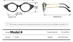 Detailed sizing chart and specifications for vintage cat-eye glasses with PC frames