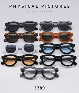 Multiple vintage acetate sunglasses and optical frames in various colors shown in a grid