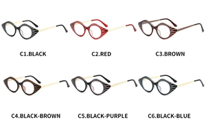 Cat eye glasses in six color options featuring unique white ray pattern on frames