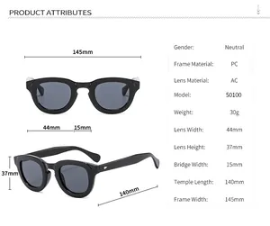 Detailed size chart of retro round sunglasses with frame and lens measurements in mm