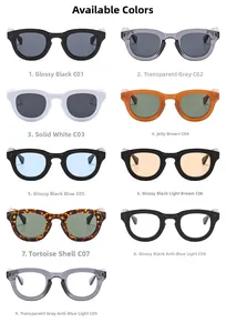 Selection of retro round sunglasses and anti-blue light glasses in various frame colors