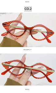 Rear and 45-degree angle view of red cat-eye glasses with white radial stripes