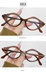 Detail view of cat eye glasses frame showing 45-degree angle and back with white stripes