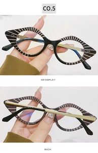 Detail view showing 45-degree and back angles of cat-eye frames with pink radial patterns