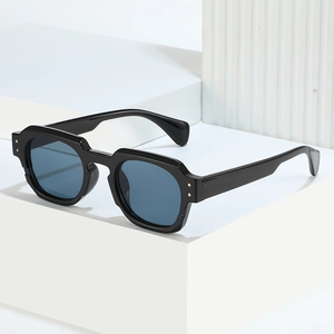 Retro rectangle sunglasses with black thick frames and dark blue lenses from 45-degree angle