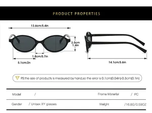 Detailed size chart for oval PC sunglasses showing lens width and frame dimensions